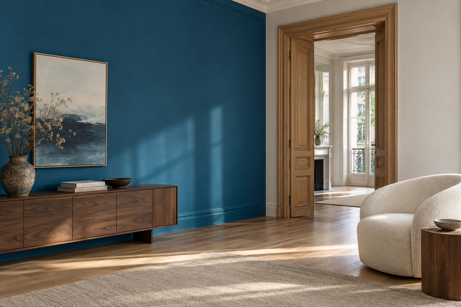 Digitale sfeerimpressie van blauw schilderwerk en natuurlijk hout in een elegant interieur